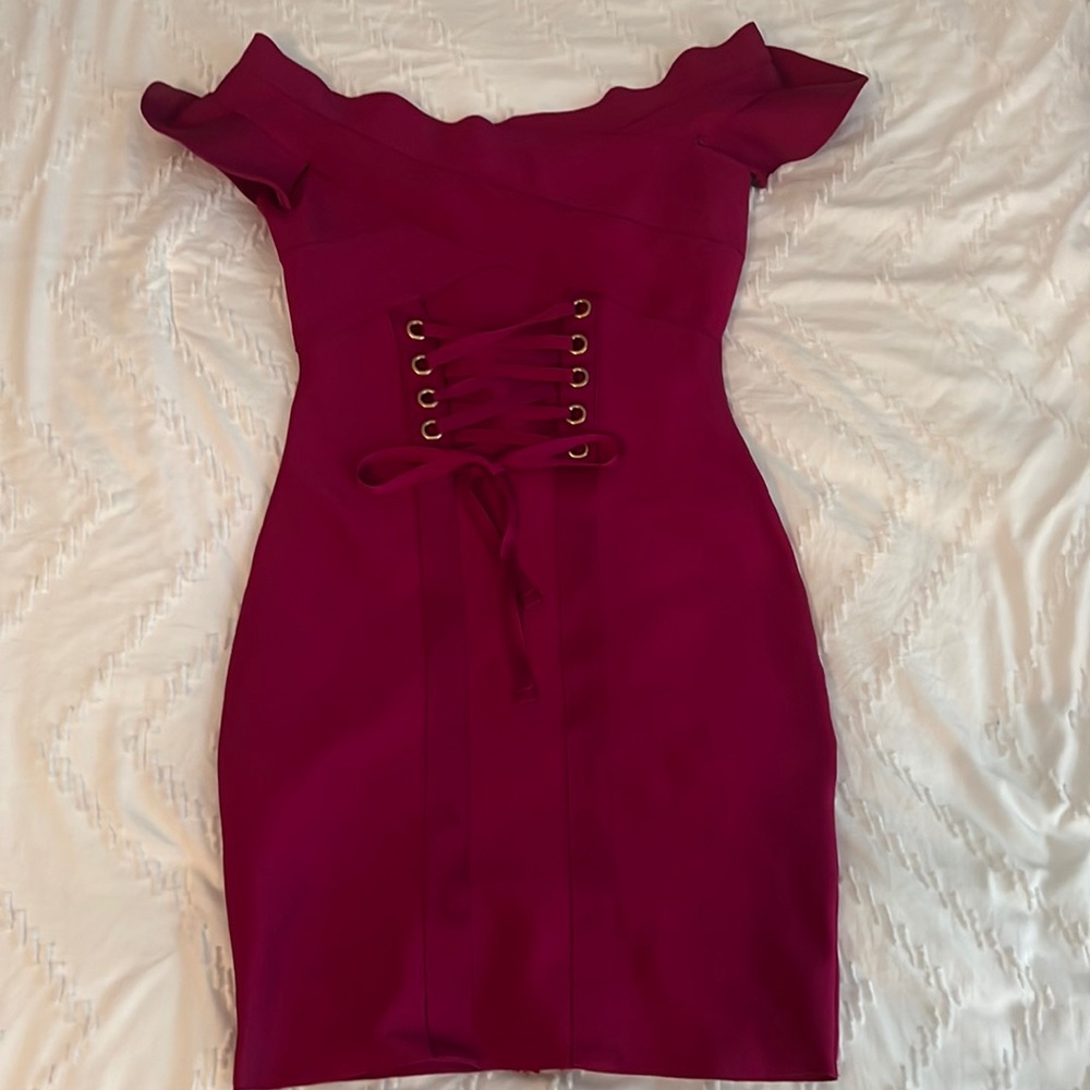 Plum/maroon body con bandage corset dress